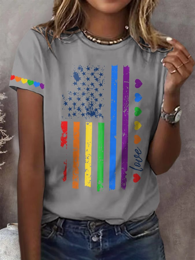 Women's Pride Month Rainbow American Flag print Short Sleeve T-Shirt