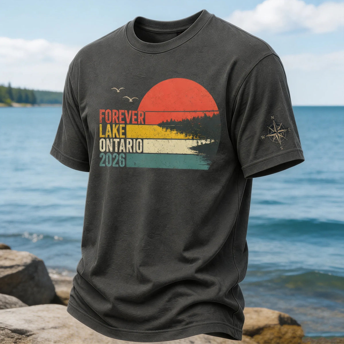 Forever Lake Ontario 2026 Retro Sunset Striped T-shirt