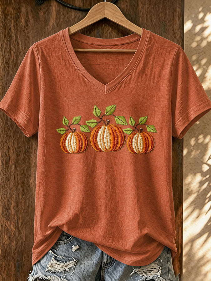 Women's Pumpkin Print V-Neck T-Shirt
