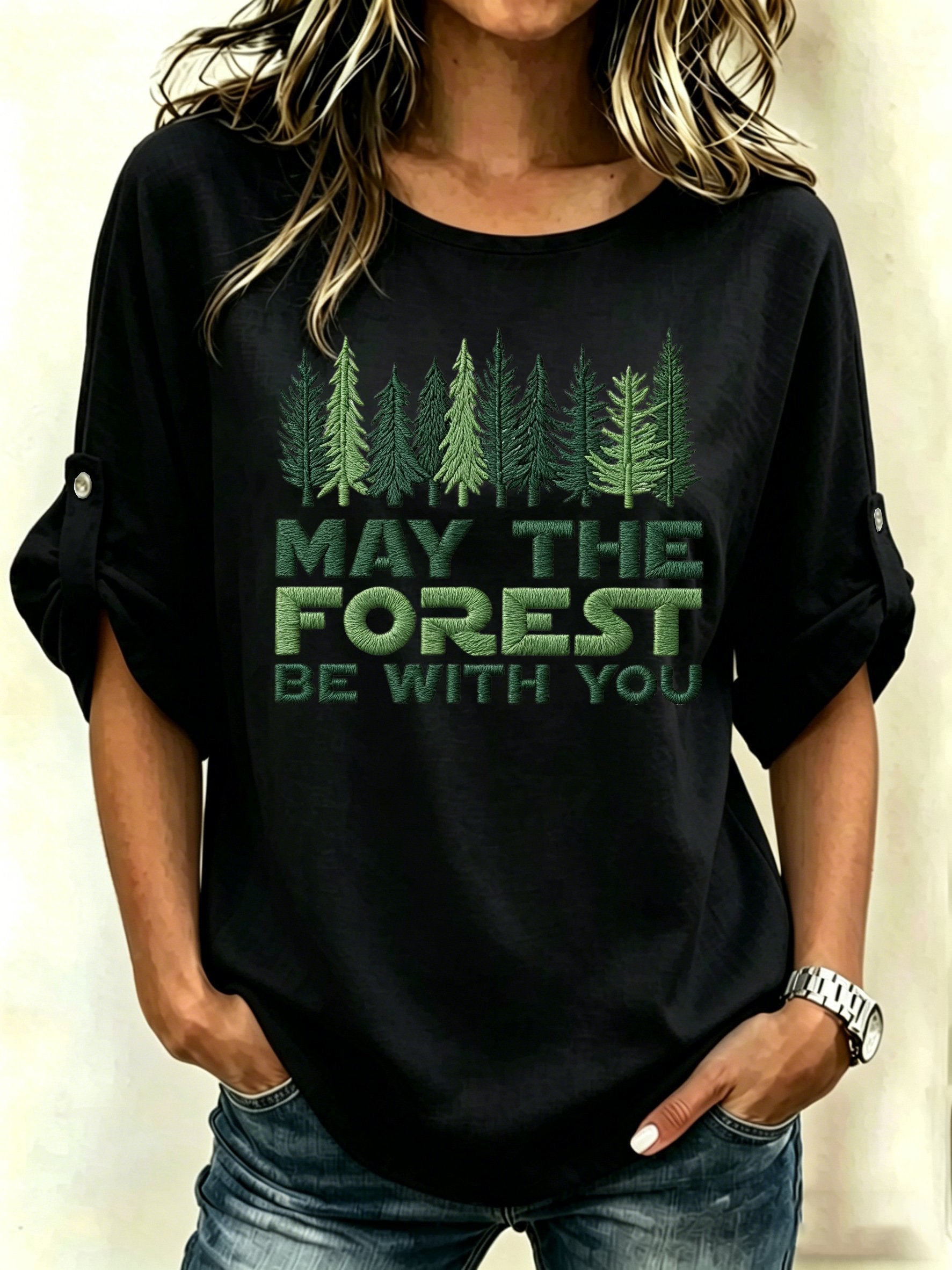 Women's Retro May The Forest Be With You Print Shirt