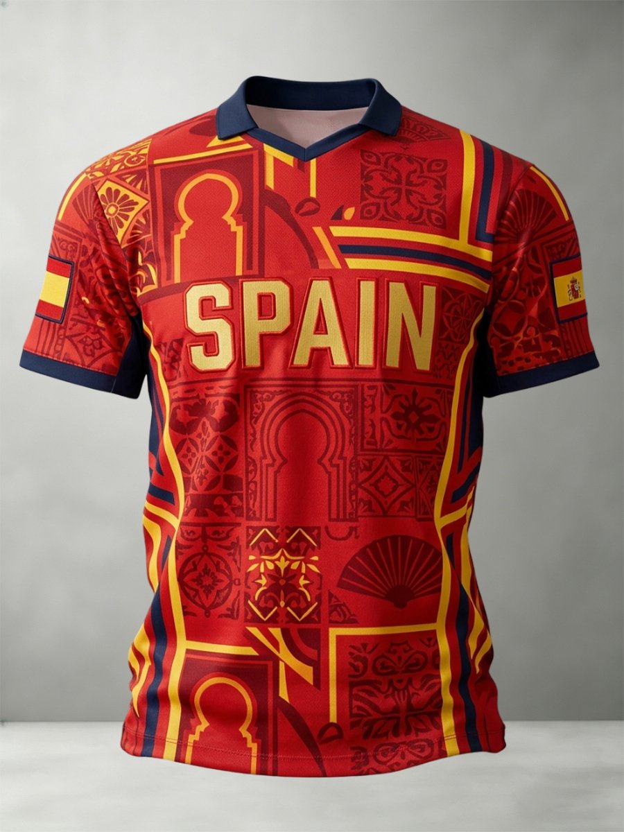 Men's Spain Soccer Team Fan Print Short-Sleeve Sports T-Shirt