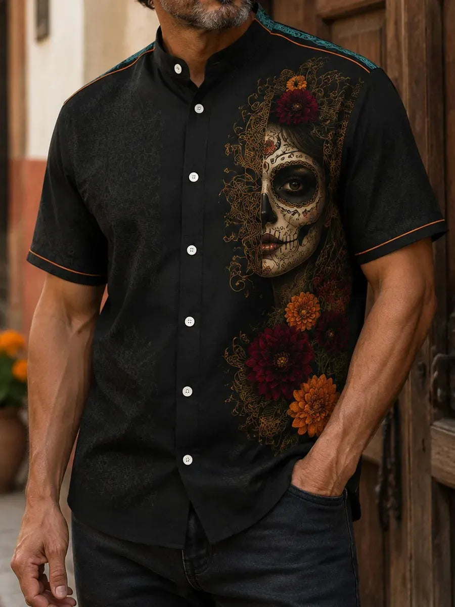Men's Day Of The Dead Mysterious Half Skull Face And Floral Print Stand Collar Short Sleeve Shirt