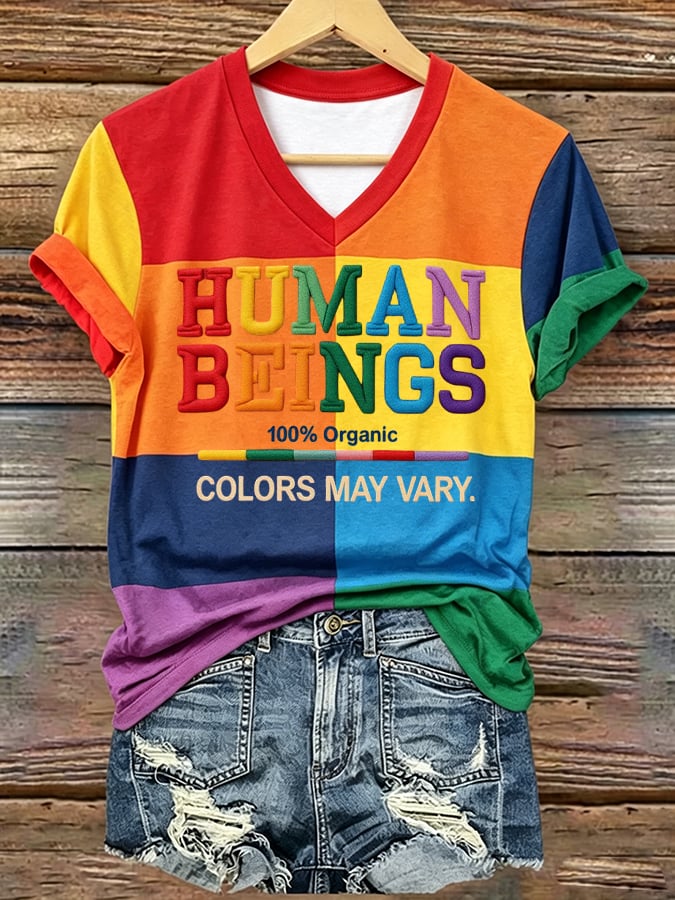 Women's Human Beings Colors May Vary Print V Neck T-shirt