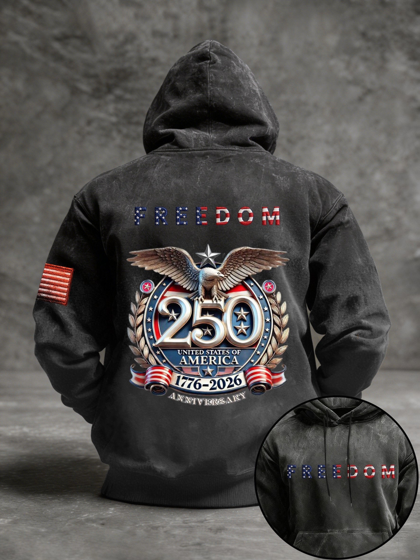 Men's Vintage American Flag Print Hooded Sweatshirt