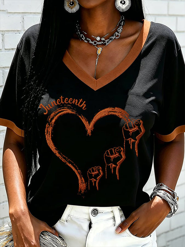 Women's Juneteenth Black Unity Fist Art Print V Neck Short Sleeve T-Shirt