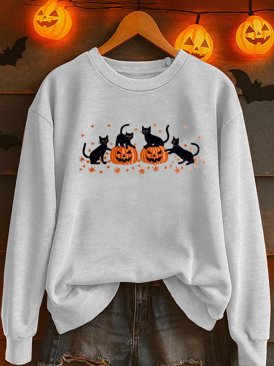 Women's Autumn Long Sleeve Top with Halloween Cat Print