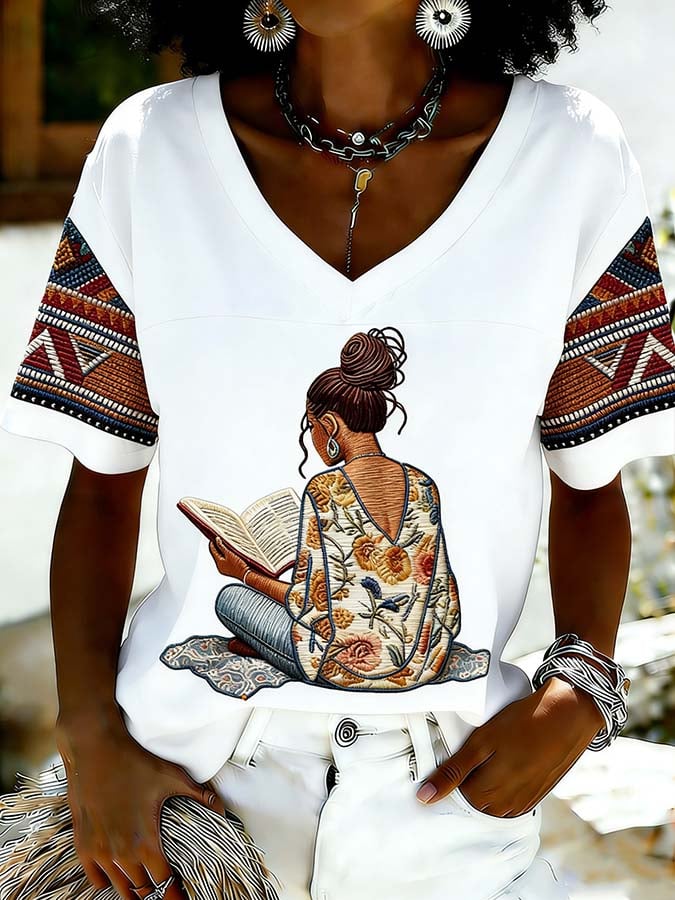 Women's Juneteenth "Positive Energy" Graphic V-Neck T-Shirt (Asian & Black Empowerment)
