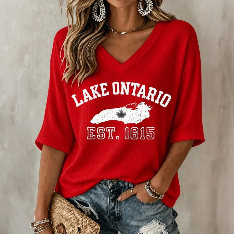 Women's Lake Ontario Printed Mid-length Sleeves V-neck T-shirt