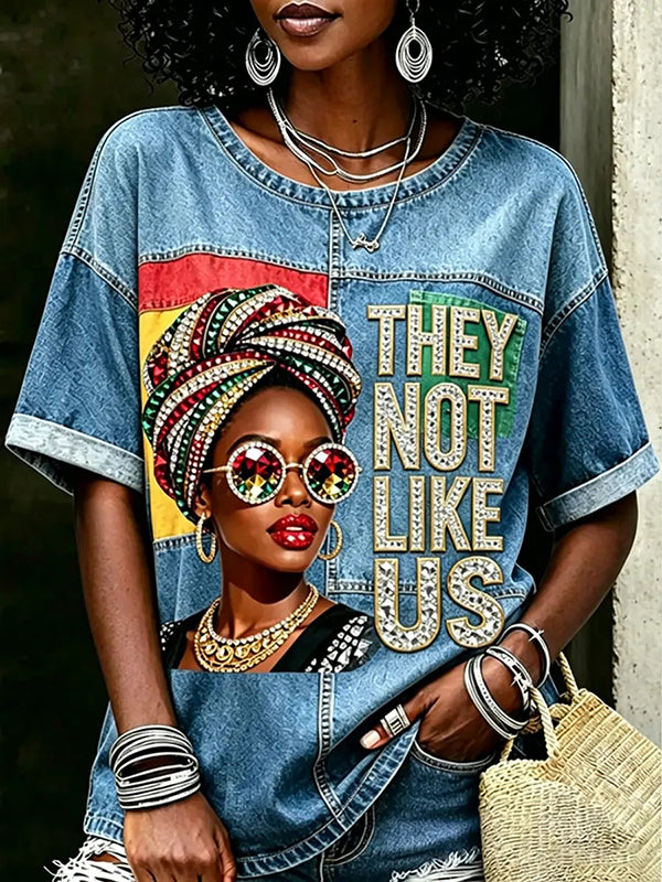 Women's Juneteenth They Not Like Us Rhinestones Print Casual T-Shirt
