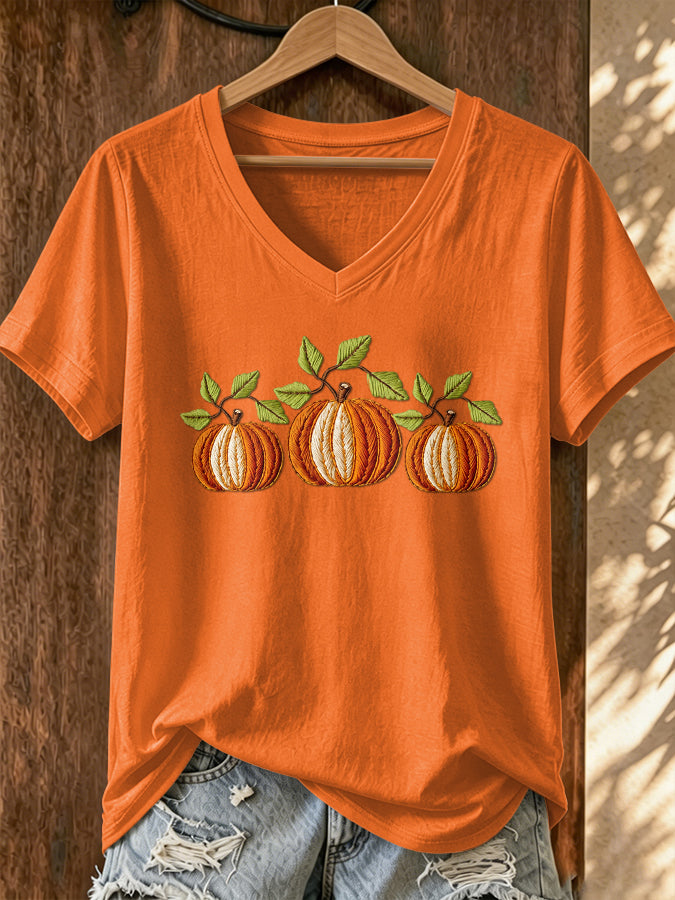 Women's Pumpkin Print V-Neck T-Shirt