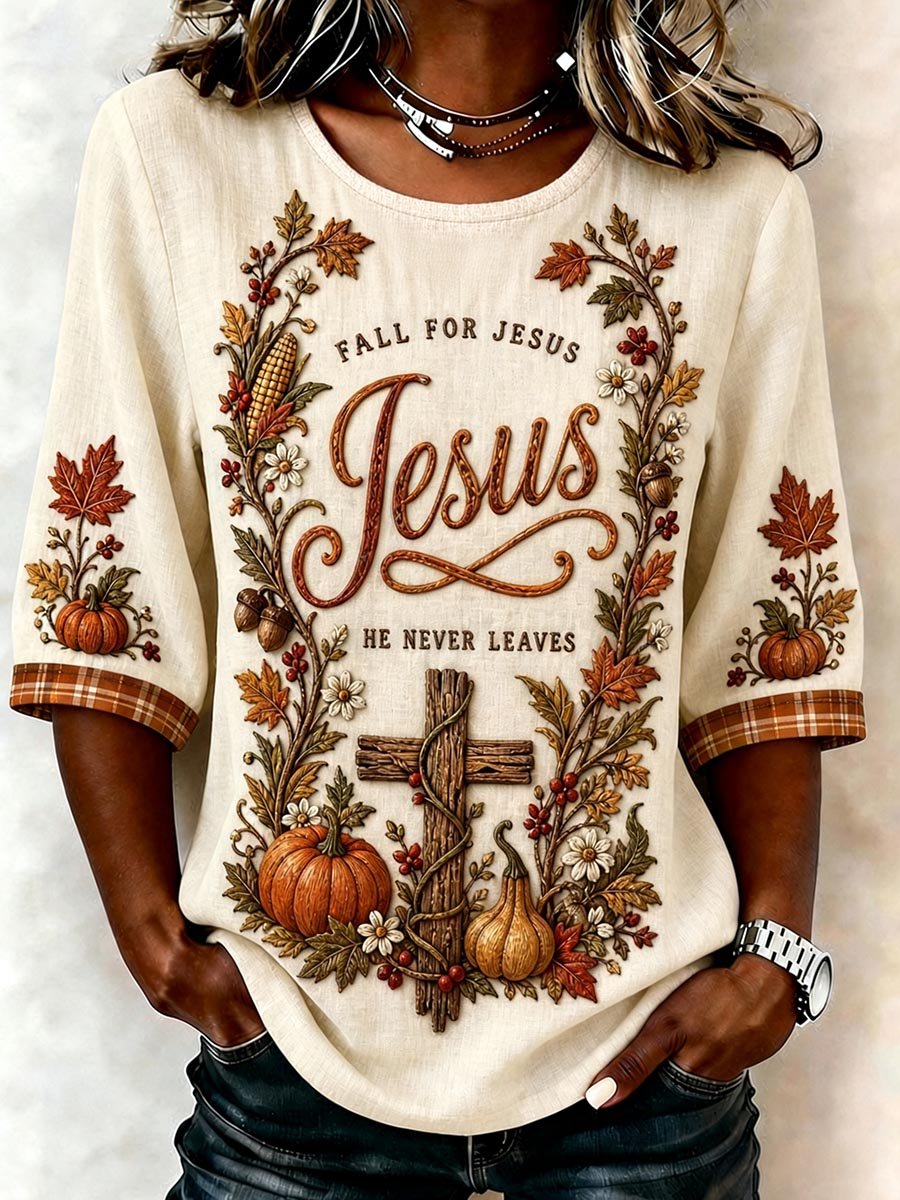 Women's Autumn Harvest Pumpkin and Wheat Stalk Plaid Top