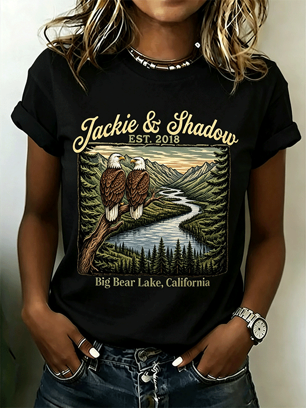 Women's Jackie & Shadow Big Bear Lake Twin Bald Eagle Landscape T‐Shirt