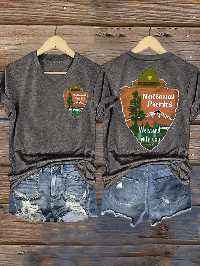 V-neck Retro National Parks Strong We Stand With You Print T-Shirt