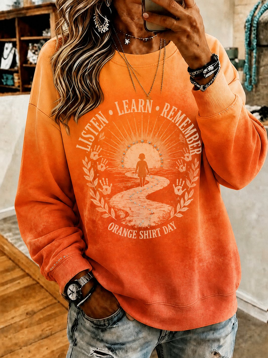 Women's Orange‐Tone Remembrance Print Sweatshirt