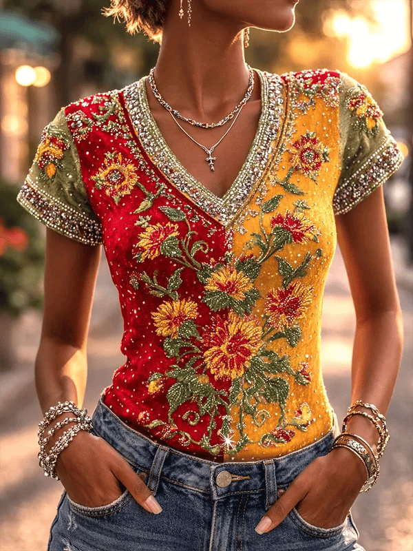 Women's Color Block Print Casual V-Neck T-Shirt