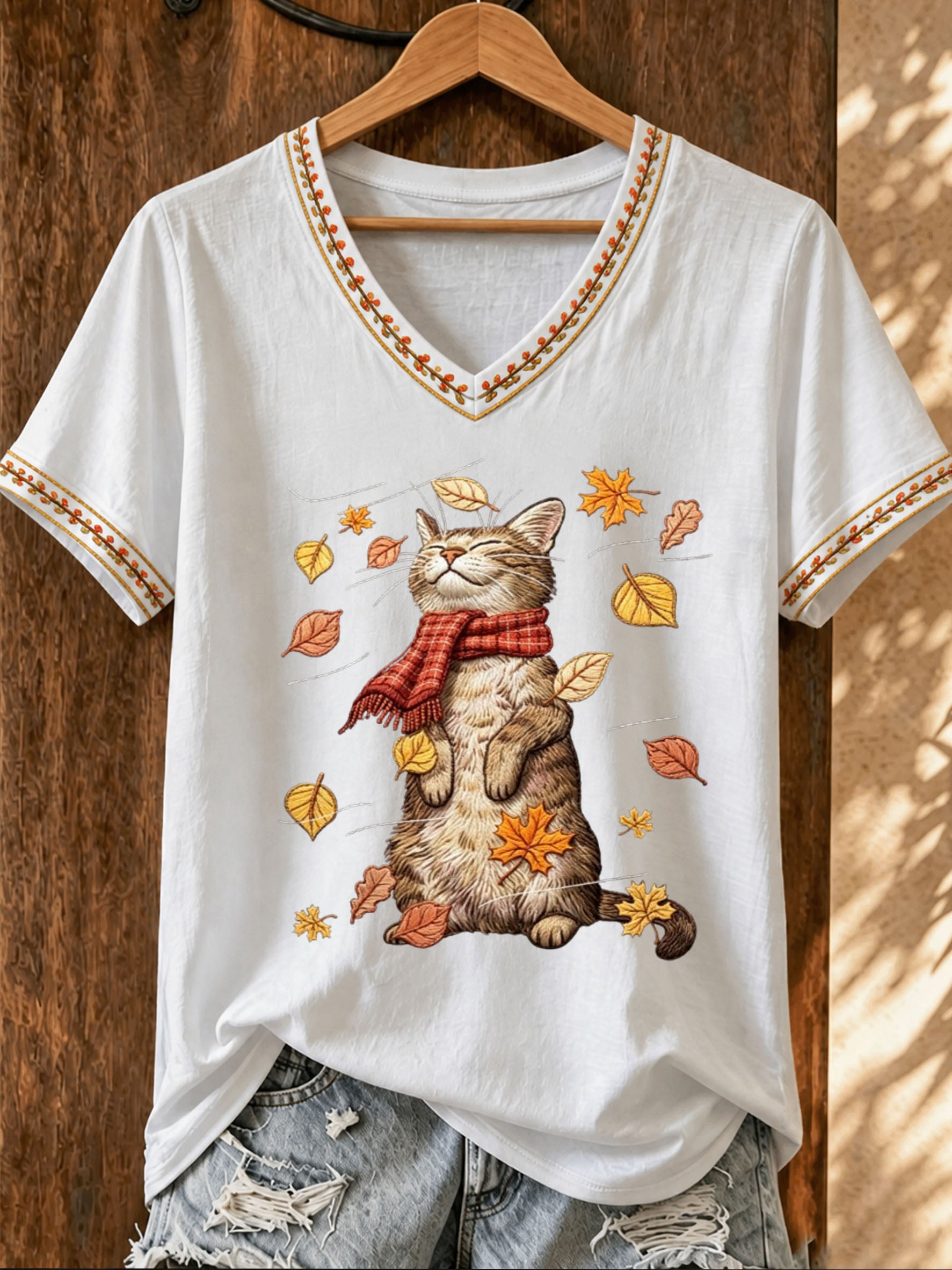 Women's Autumn Leaves Print Casual T-shirt