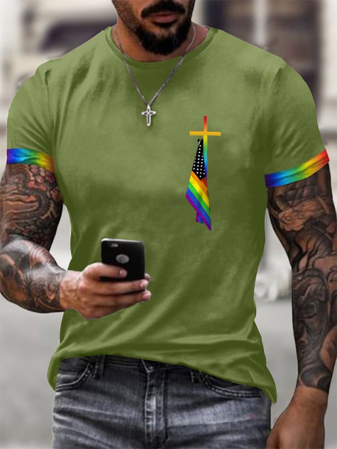 Men's Cross Flag Print Crew Neck T-Shirt