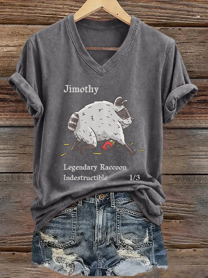Women's Jimothy Legendary Raccoon Indestructible Print V Neck T-Shirt