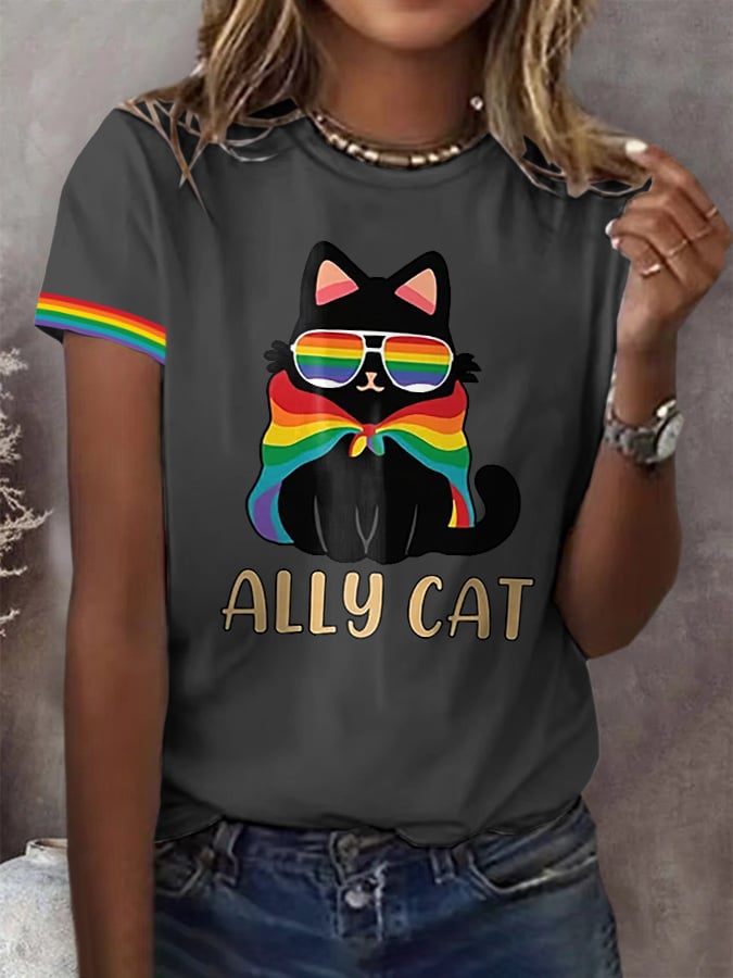 Women's Pride Month Rainbow Ally Cat print Short Sleeve T-Shirt