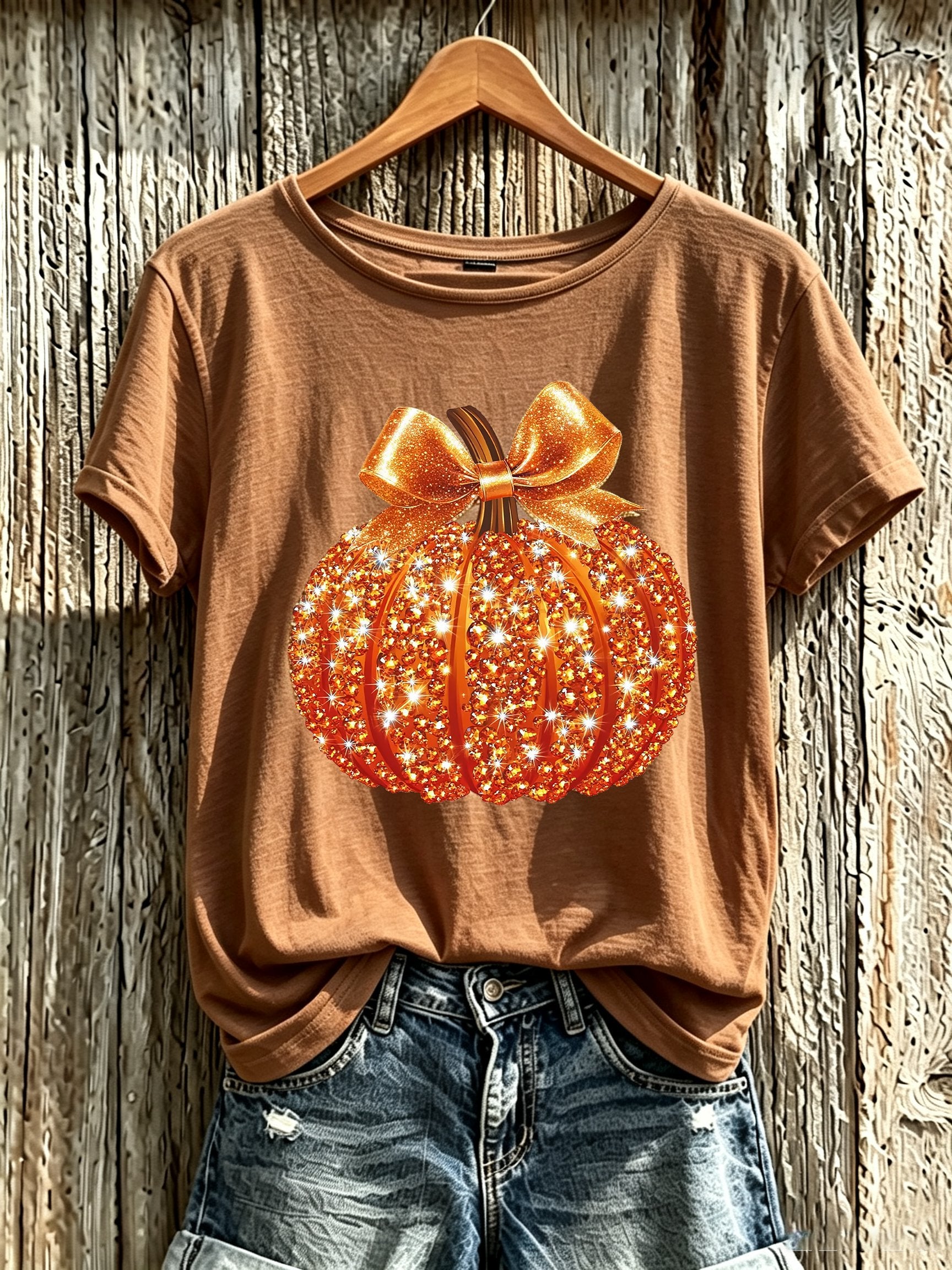Women'S Autumn Pumpkin Art Printed Short Sleeved T-Shirt