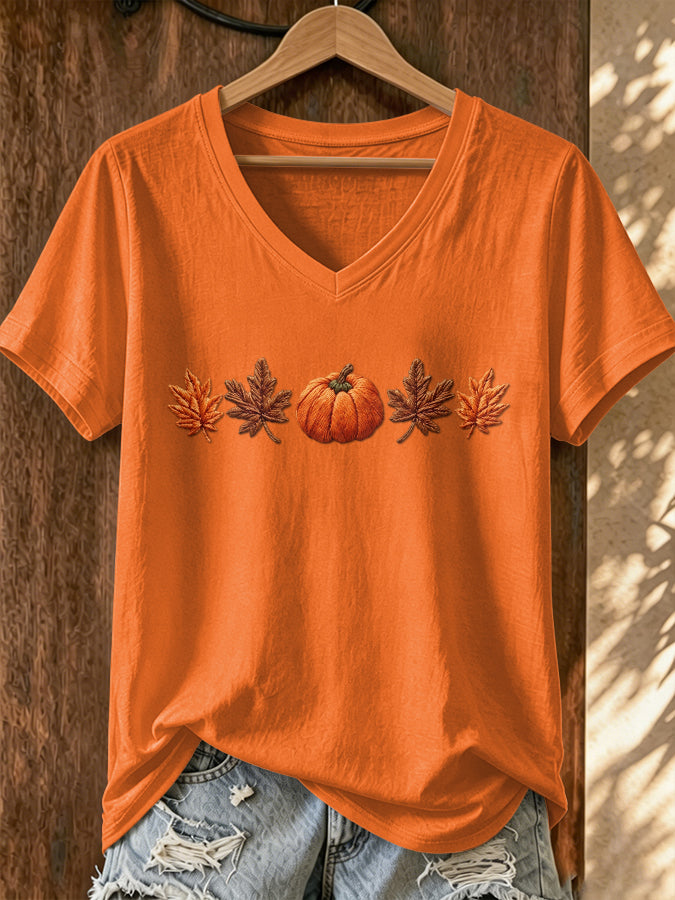Women's Pumpkin Print V-Neck T-Shirt