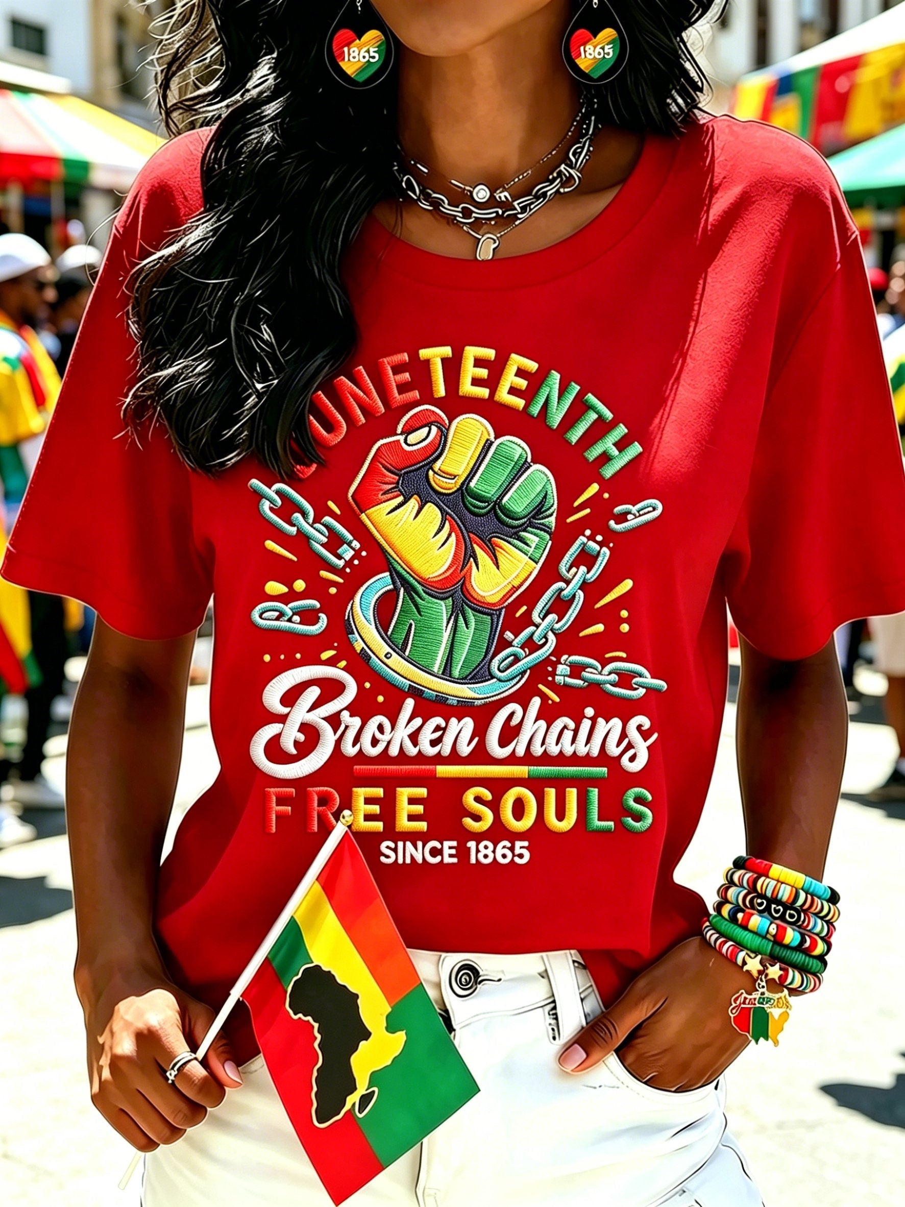 Women's Juneteenth "Chains Broken, Souls Free" Graphic Crewneck T-Shirt