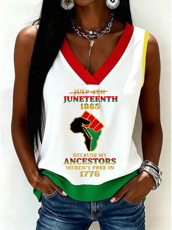 Women's Juneteenth 1865 Because My Ancestors Weren'T Free In 1776 Print V-Neck Tank Top