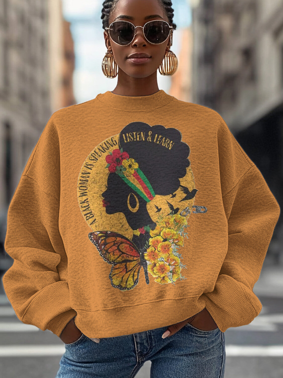 Women's Black Woman Speaking Black History Month Juneteenth Print Cotton Long Sleeve T-Shirt Thin Sweatshirt