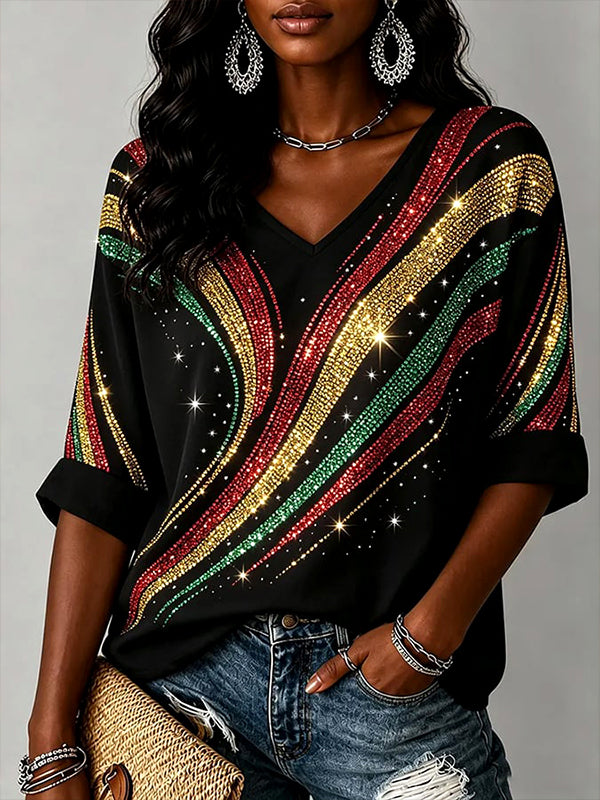 Women's Juneteenth Sparkling Colorful Stripes Art Print V Neck Short Sleeve T-Shirt