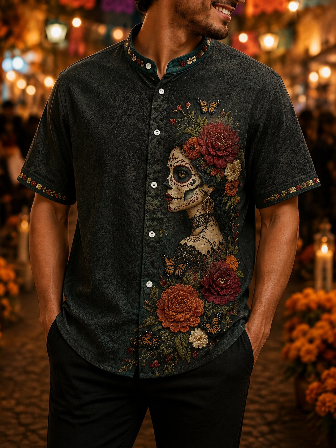Men's Day Of The Dead Profile Catrina Portrait With Floral And Butterflies Print Stand Collar Short Sleeve Shirt