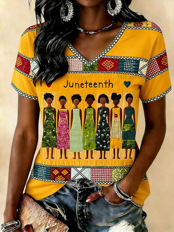 Women's Juneteenth United Black Women Print Casual V Neck T-Shirt
