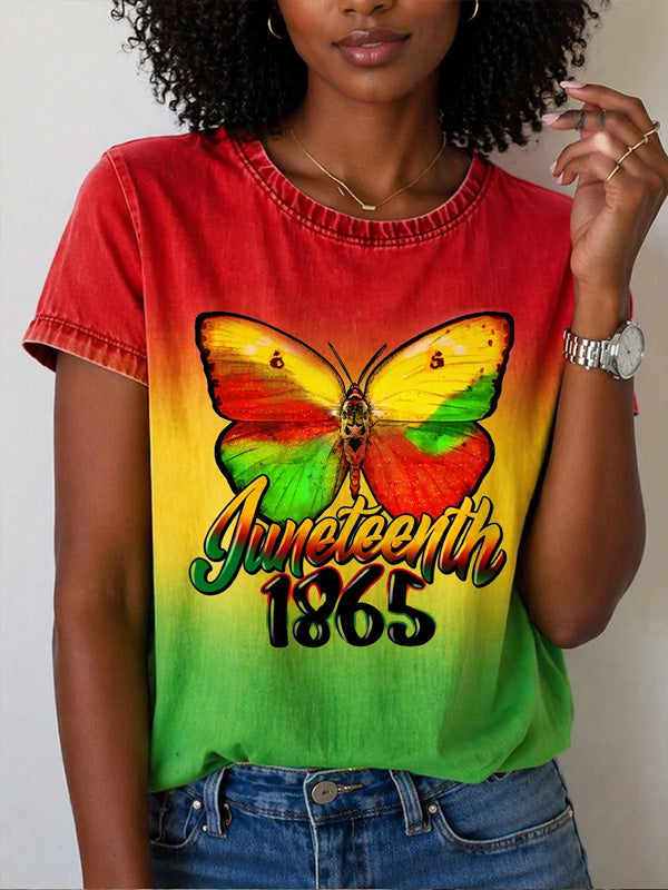 Women's Ombre Butterfly Juneteenth 1865 Print Casual T-Shirt