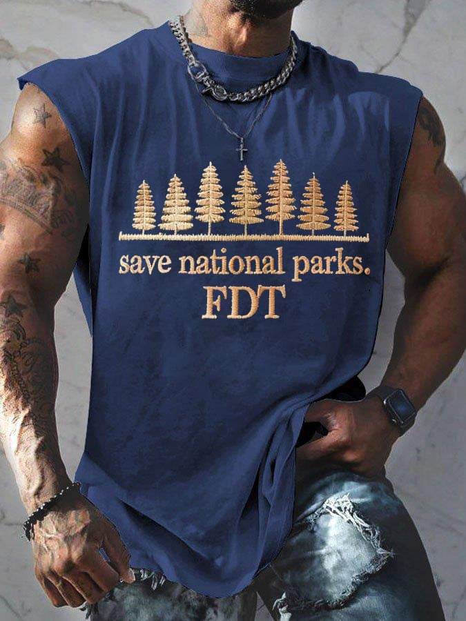 Men'S Retro Save National Parks FDT Print Sleeveless Tank Top