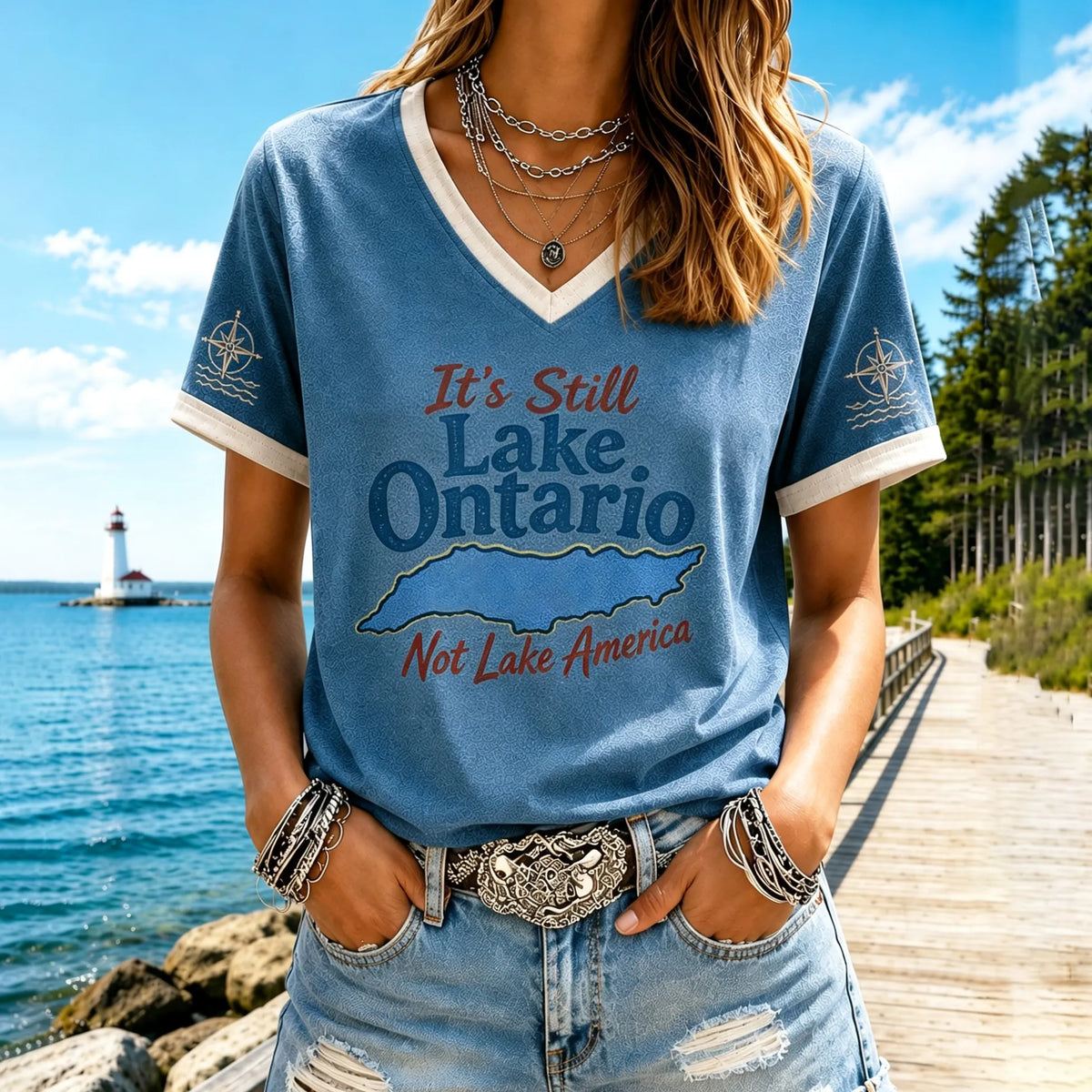 Women's “ It's Still Lake Ontario Not Lake America”printed V-neck T-shirt