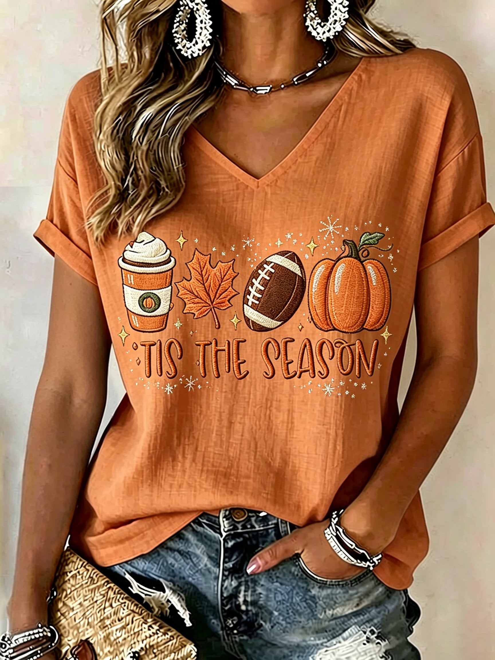 Women's Retro Fall Tis The Season Print Comfortable T-Shirt
