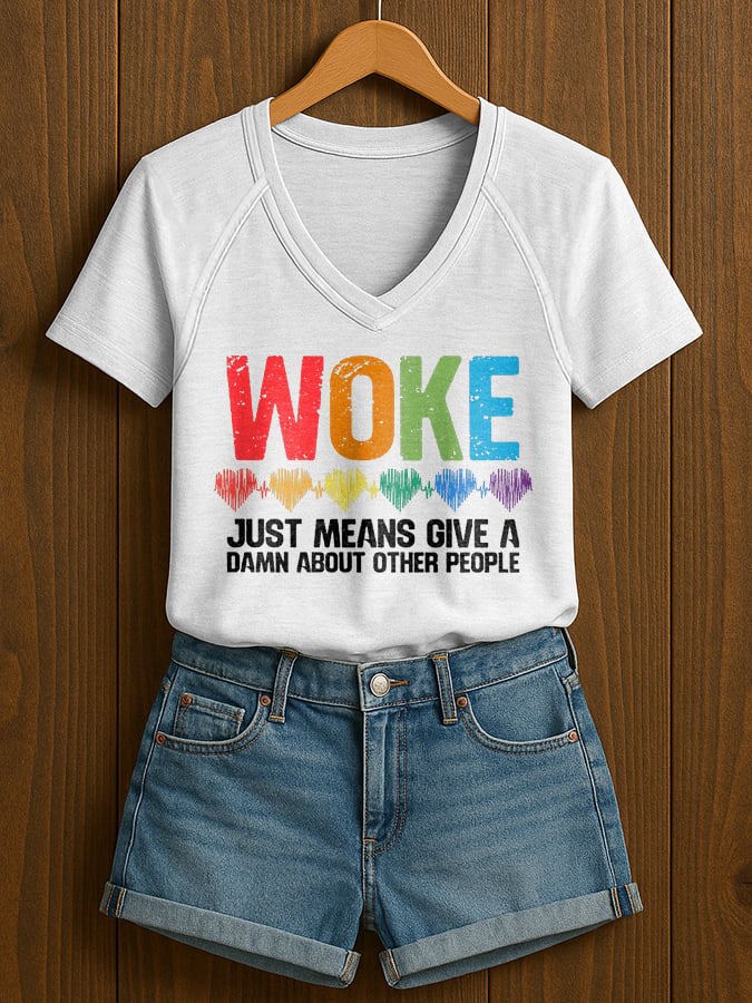 V-Neck Retro Women Woke Just Means Give A Damn About Other People Print T-Shirt