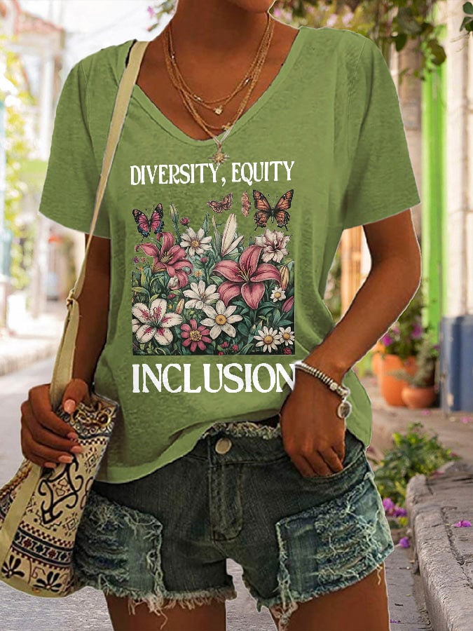 Women's Diversity Equity Inclusion Print V Neck T-Shirt