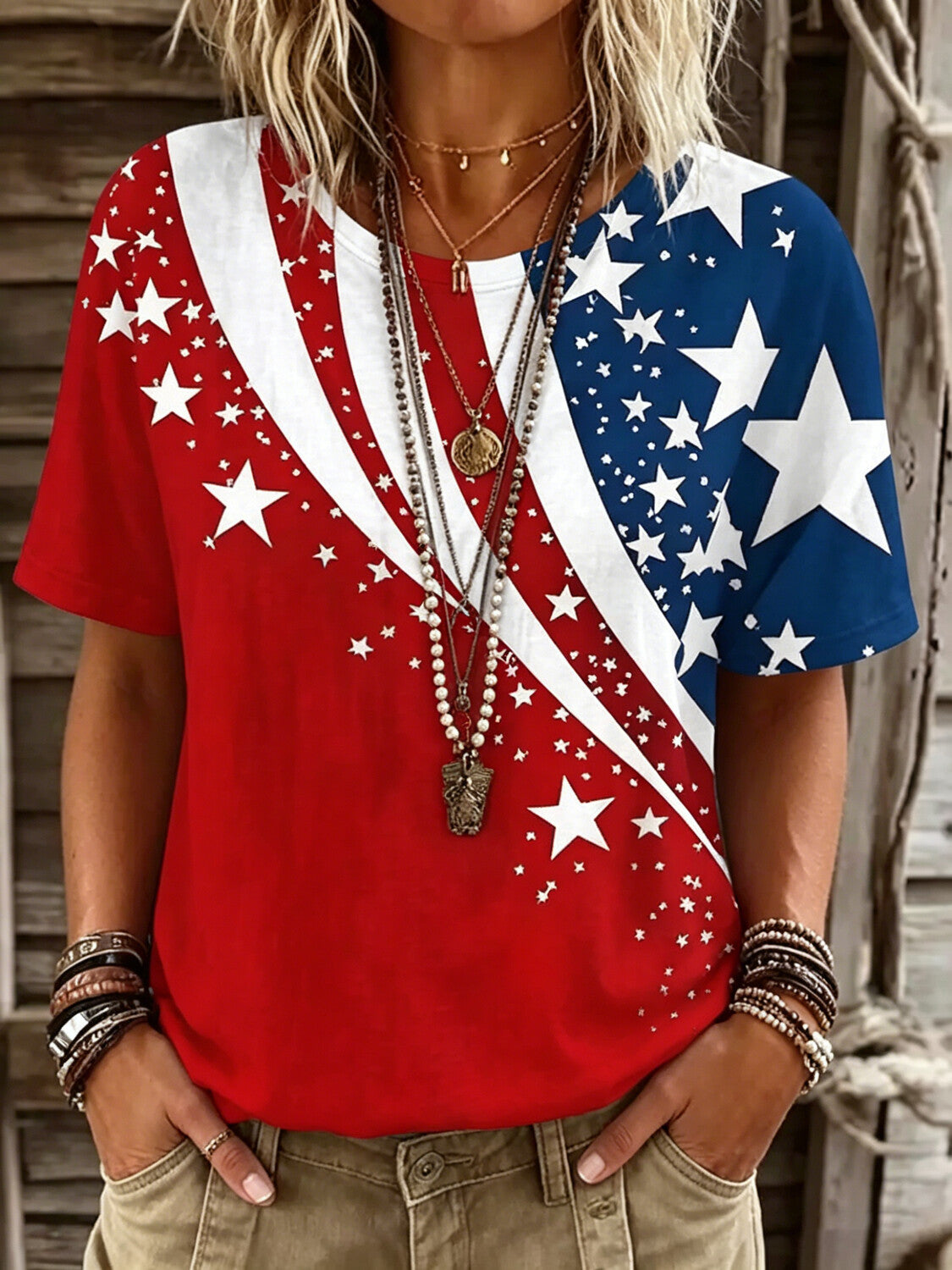 Women's Stars And Stripes Print Casual T-Shirt