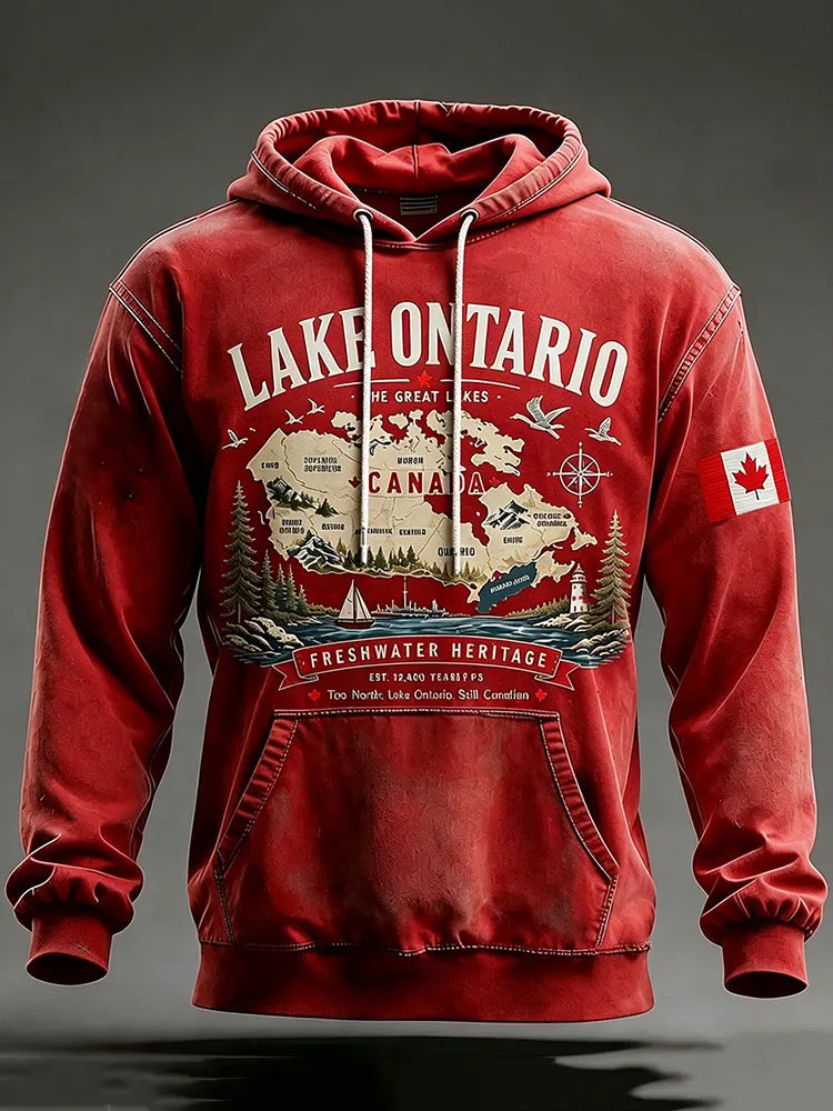 Men's Retro Canada Lake Ontario Printed Hoodie