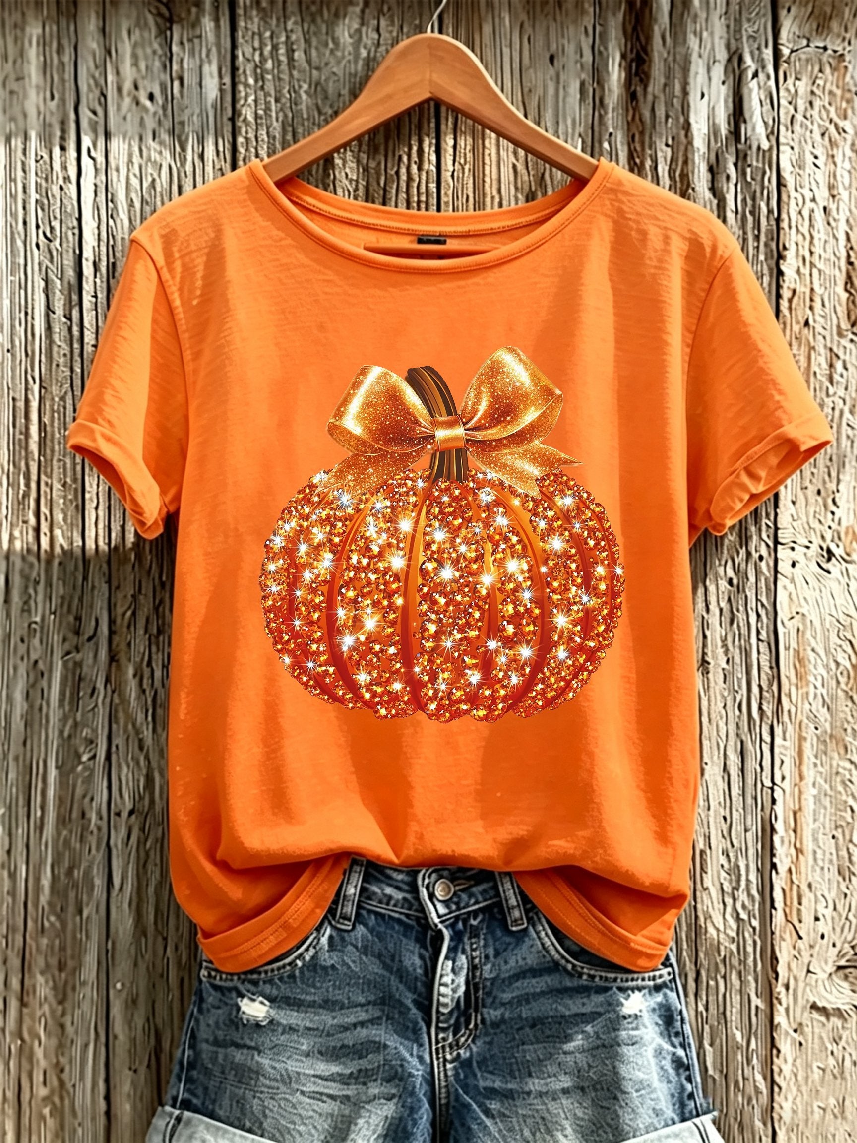 Women'S Autumn Pumpkin Art Printed Short Sleeved T-Shirt