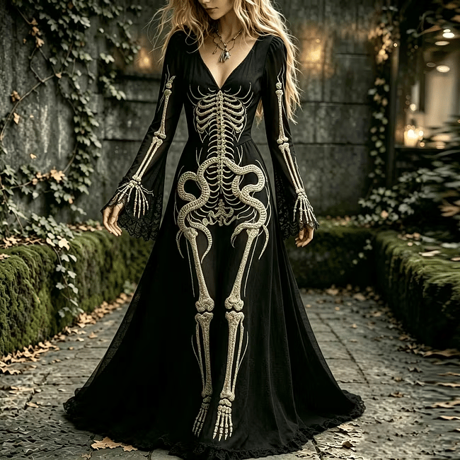 Women's Retro Human Anatomy And Snake Halloween Patterns Print Dress