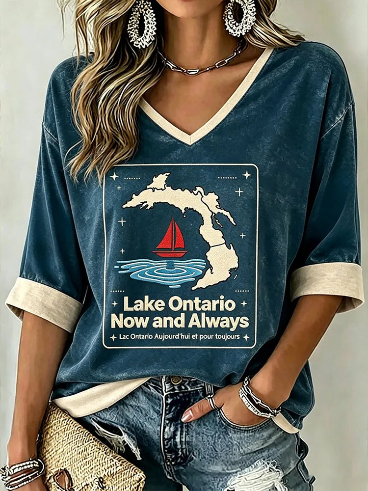 Women's Lake Ontario Printed Mid-length Sleeves V-neck T-shirt