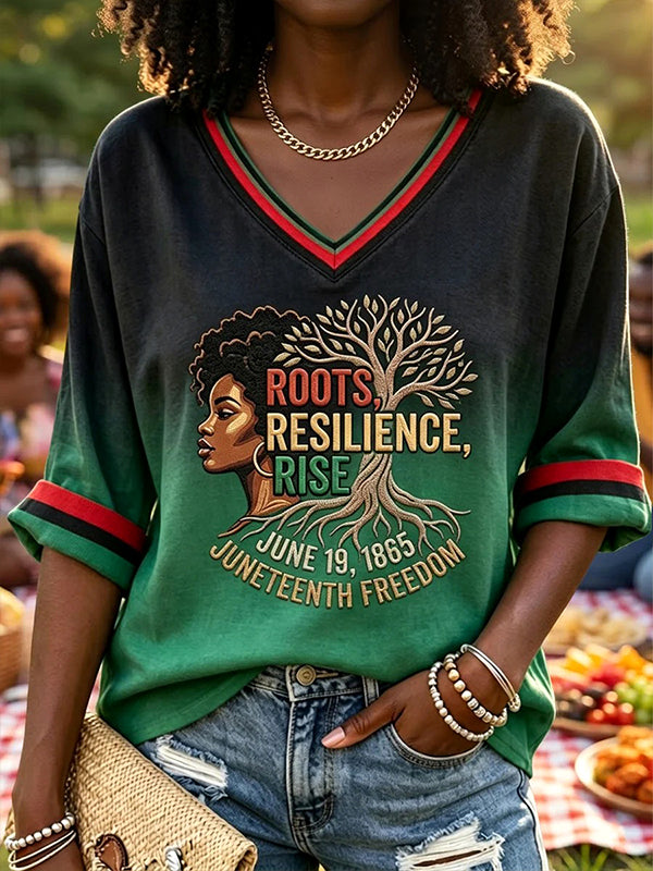 Women's Roots Resilience Rise Juneteenth Freedom Print V Neck Long Sleeve T-Shirt