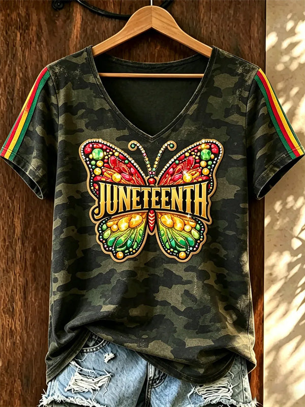 Women's Camo Jewel Butterfly Juneteenth Art Print Casual V Neck T-Shirt
