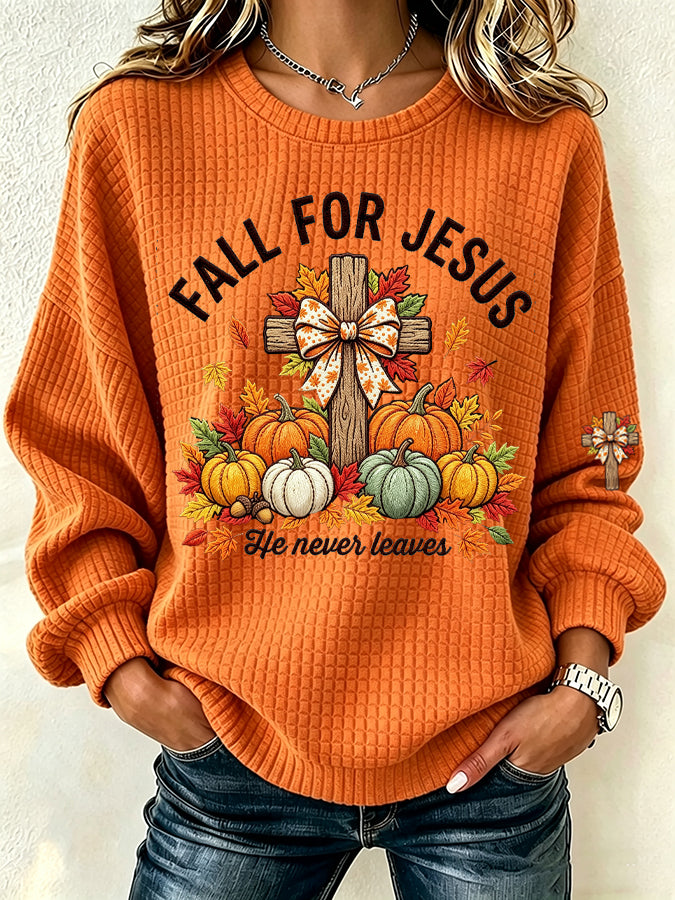 Women's Fall for Jesus Print Crew Neck Check Sweatshirt