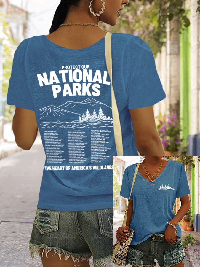Women's Protect Our National Parks Print V Neck Casual T-Shirt