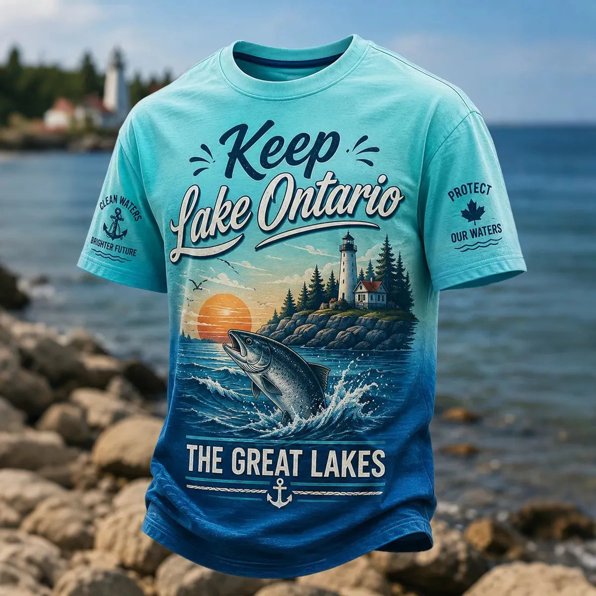 Men's Keep Lake Ontario Fish Landscape Print Crew Neck Short Sleeve T-shirt