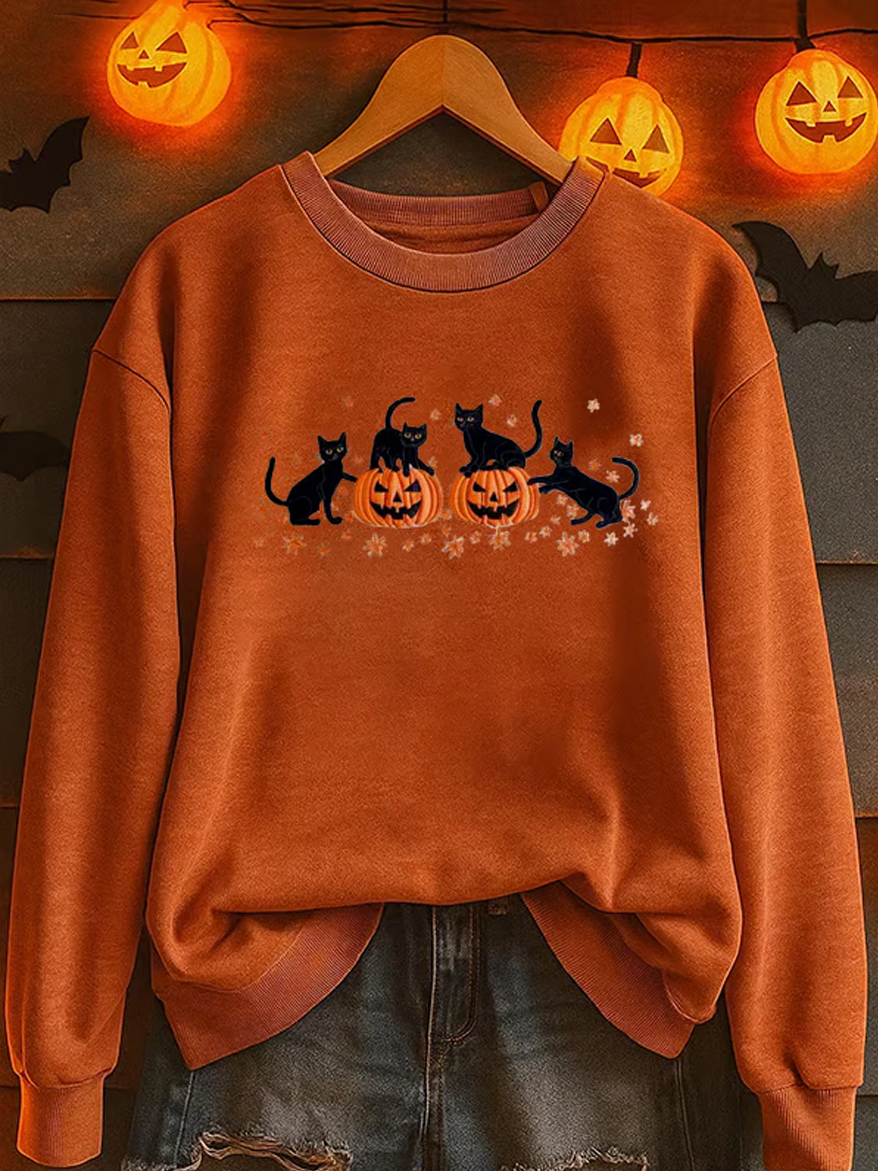 Women's Autumn Long Sleeve Top with Halloween Cat Print