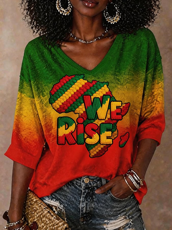 We Rise  Women's Black Juneteenth Print T-Shirt