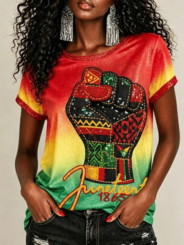 Women's Juneteenth 1865 Fist Graphic Ombre Print Casual T-Shirt